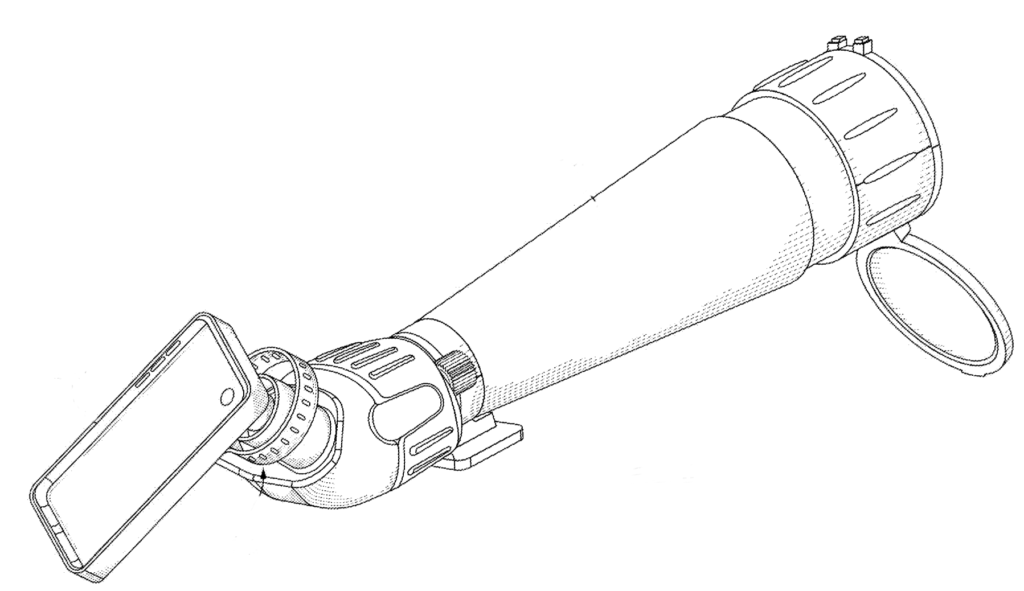 Patent drawing showing an external lens attached to the back of a mobile phone's cover