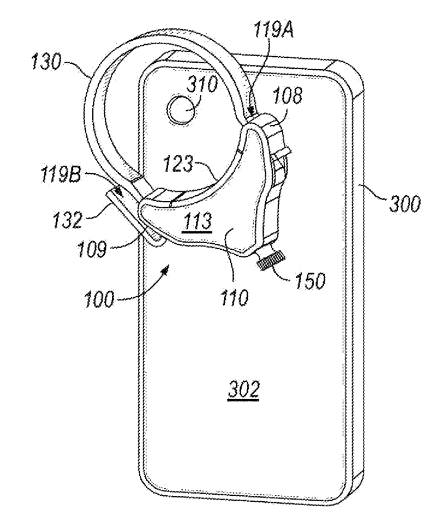 Patent drawing showing the mounting system for the external lens and how it fits on the phone's cover